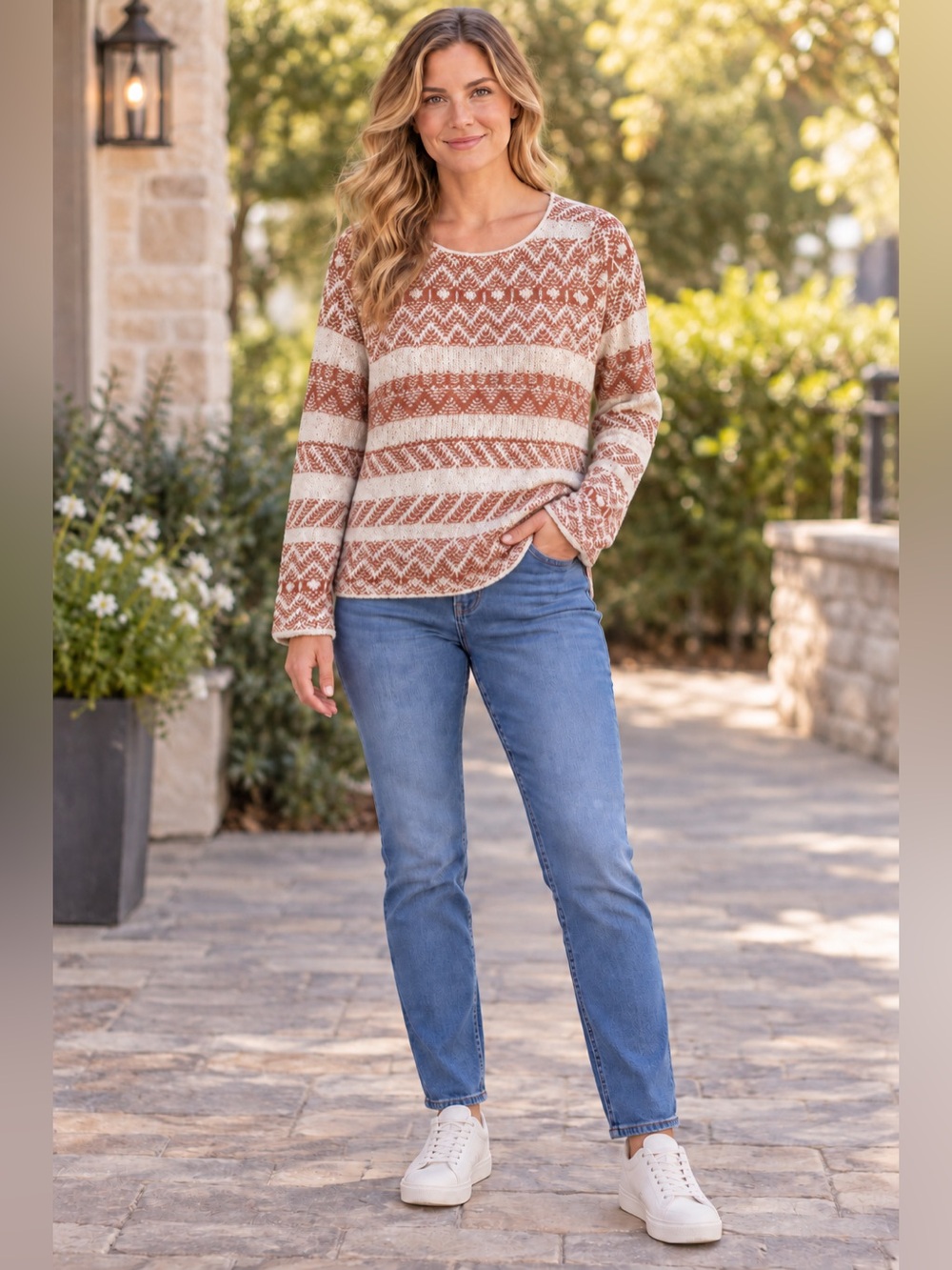 NWT Knox Rose Soft Rust Cream Patterned Knit Sweater Top Lace Up Sides, Boho, S